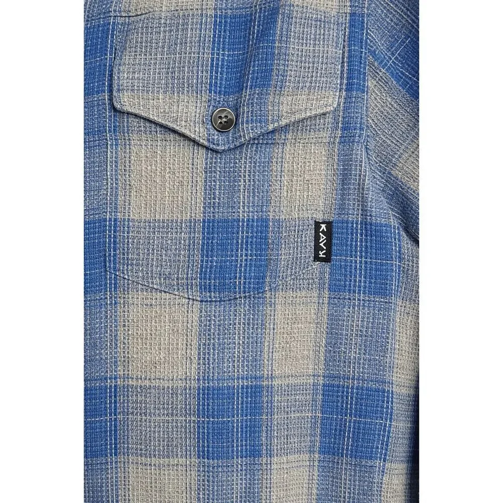 KAVU Plaid Flannel Shirt Cotton Blue Gray Men L Outdoor Rugged Casual